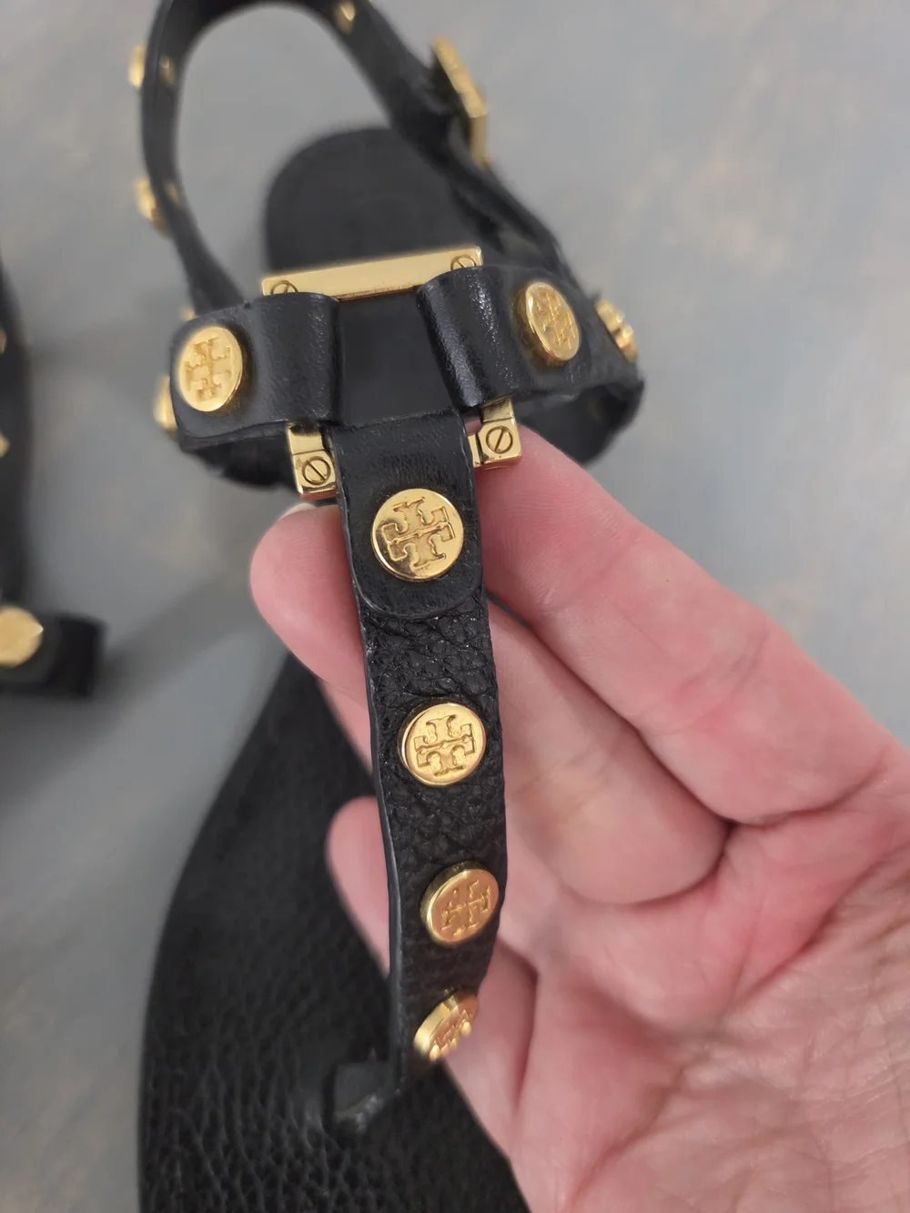 Tory BURCH Black Leather T-Strap Sandals with Gold Studs